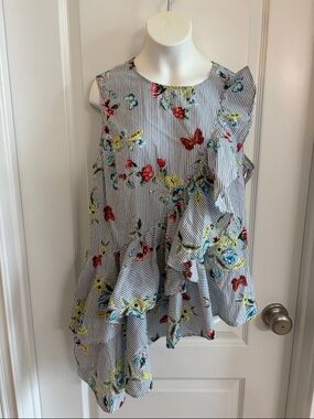 V Cristina  Blue-and-White Striped Top asymmetrical ruffles floral blouse large